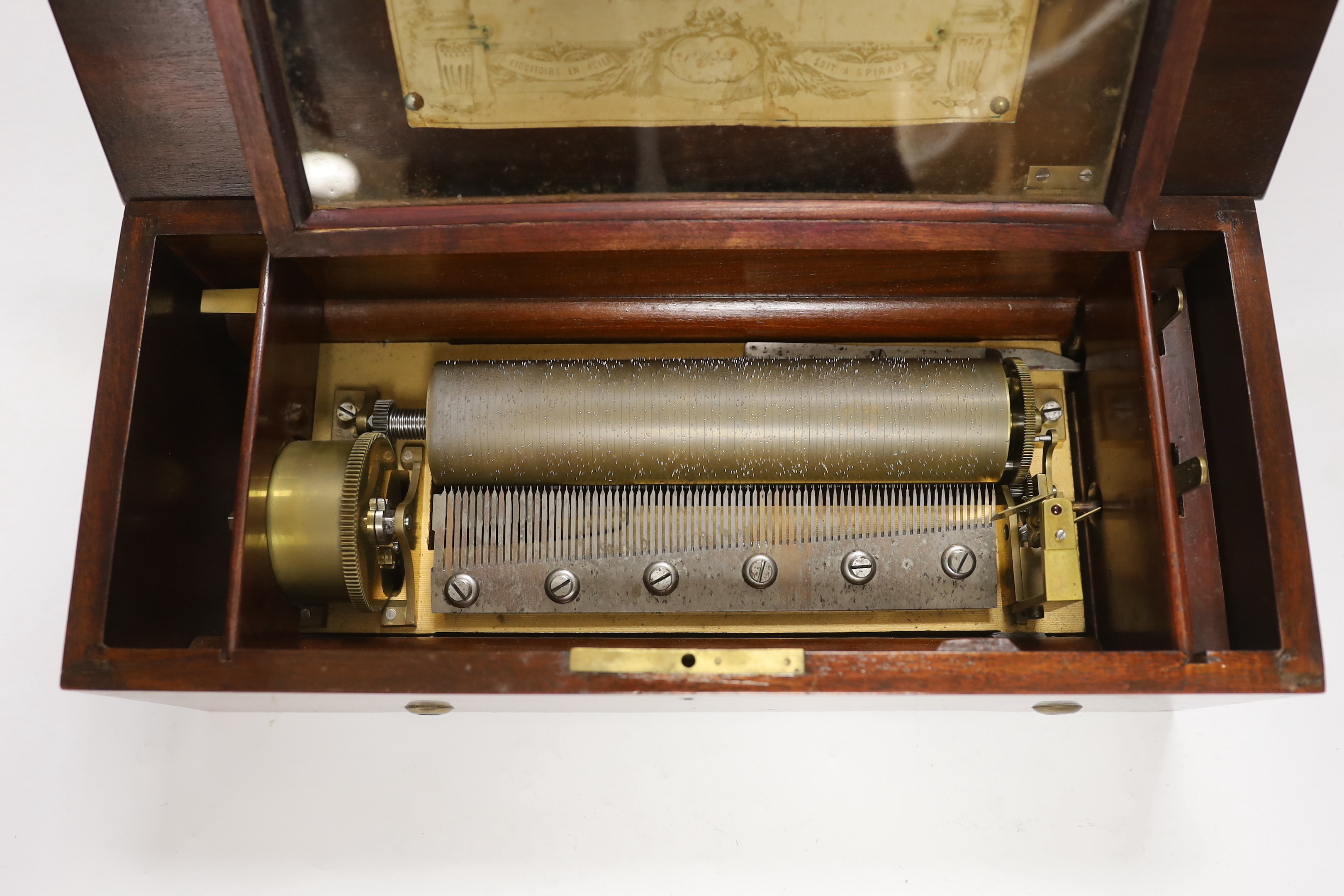 A late 19th century Swiss mahogany cased six air cylinder musical box playing on seventy-seven teeth, barrel 20.5cm wide, case; 39.5cm wide, 17.5cm deep, 13cm high
